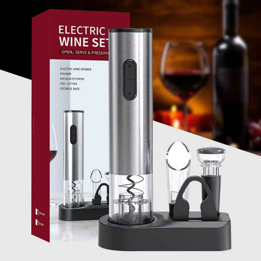 "Tire-bouchon électrique inox 5-en-1, design sophistiqué, accessoires complets pour ouvrir facilement vos bouteilles de vin."