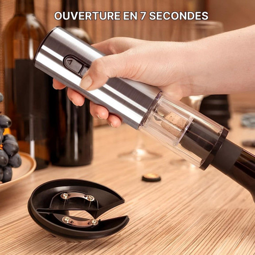"Tire-bouchon électrique inox 5-en-1, design sophistiqué, accessoires complets pour ouvrir facilement vos bouteilles de vin."