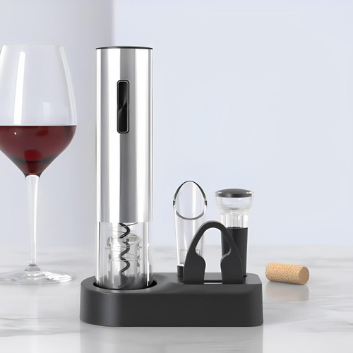 "Tire-bouchon électrique inox 5-en-1, design sophistiqué, accessoires complets pour ouvrir facilement vos bouteilles de vin."
