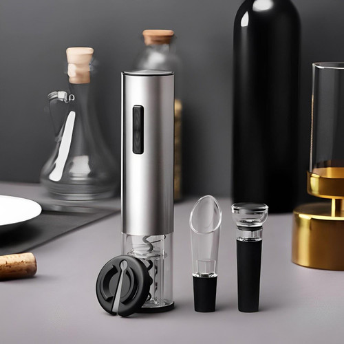 "Tire-bouchon électrique inox 5-en-1, design sophistiqué, accessoires complets pour ouvrir facilement vos bouteilles de vin."