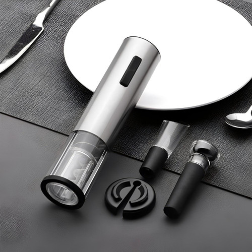 "Tire-bouchon électrique inox 5-en-1, design sophistiqué, accessoires complets pour ouvrir facilement vos bouteilles de vin."