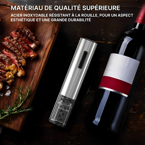 "Tire-bouchon électrique inox 5-en-1, design sophistiqué, accessoires complets pour ouvrir facilement vos bouteilles de vin."