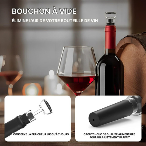 "Tire-bouchon électrique inox 5-en-1, design sophistiqué, accessoires complets pour ouvrir facilement vos bouteilles de vin."