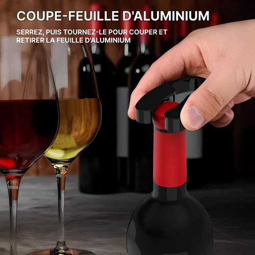 "Tire-bouchon électrique inox 5-en-1, design sophistiqué, accessoires complets pour ouvrir facilement vos bouteilles de vin."