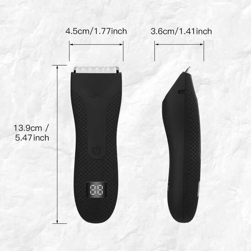 "Tondeuse corps homme étanche avec design ergonomique et indicateur LED, idéale pour un rasage précis et confortable."