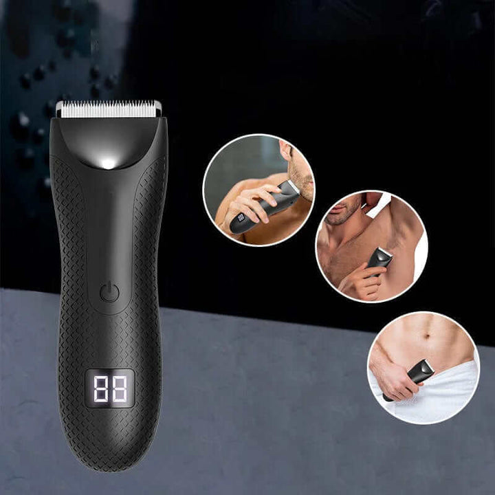 "Tondeuse corps homme étanche avec design ergonomique et indicateur LED, idéale pour un rasage précis et confortable."