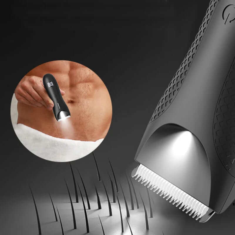 "Tondeuse corps homme étanche avec design ergonomique et indicateur LED, idéale pour un rasage précis et confortable."