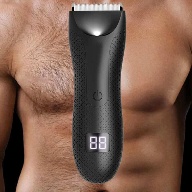 "Tondeuse corps homme étanche avec design ergonomique et indicateur LED, idéale pour un rasage précis et confortable."