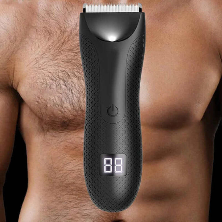 "Tondeuse corps homme étanche avec design ergonomique et indicateur LED, idéale pour un rasage précis et confortable."