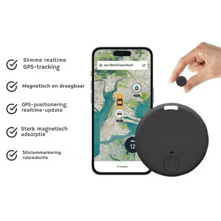 "Traceur GPS compact noir, design minimaliste, idéal pour voiture et objets précieux, suivi instantané sans abonnement."