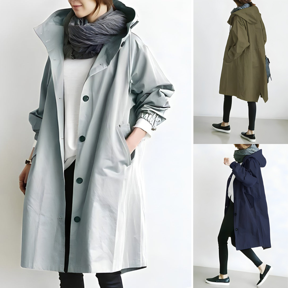 Trench-coat femme élégant vert armée, vue de face, chic et confortable pour toutes saisons, style intemporel adaptable.