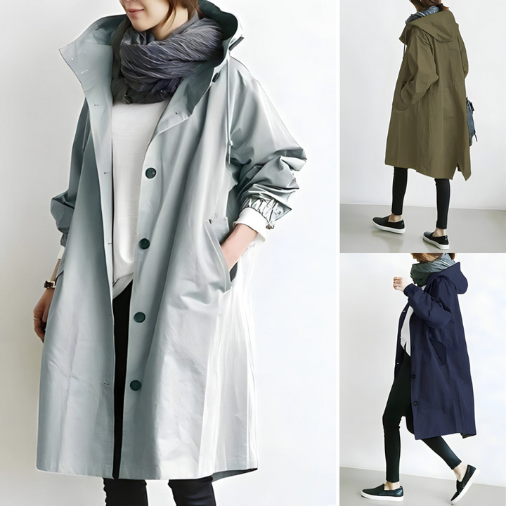 Trench-coat femme élégant vert armée, vue de face, chic et confortable pour toutes saisons, style intemporel adaptable.