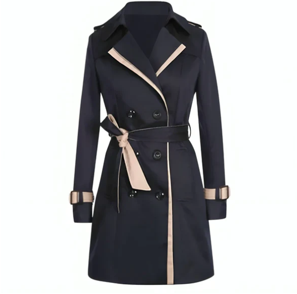 Trench-coat femme moderne, détails raffinés sur col et poignets, coupe ajustée, tissu léger pour un style élégant.