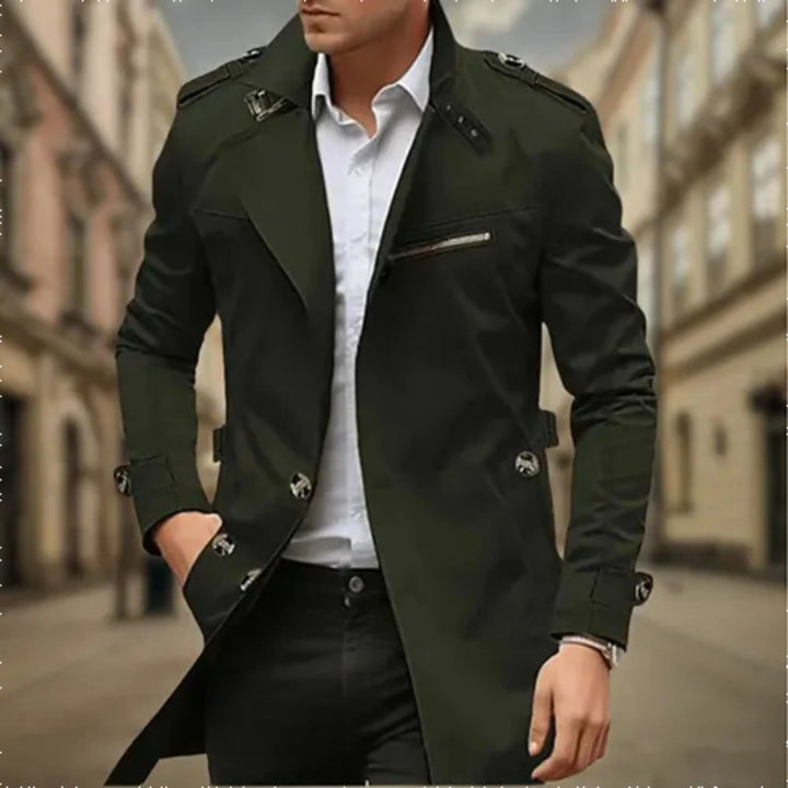 "Trench-coat imperméable homme double boutonnage, coupe élégante beige, pour style formel et protection pluie."