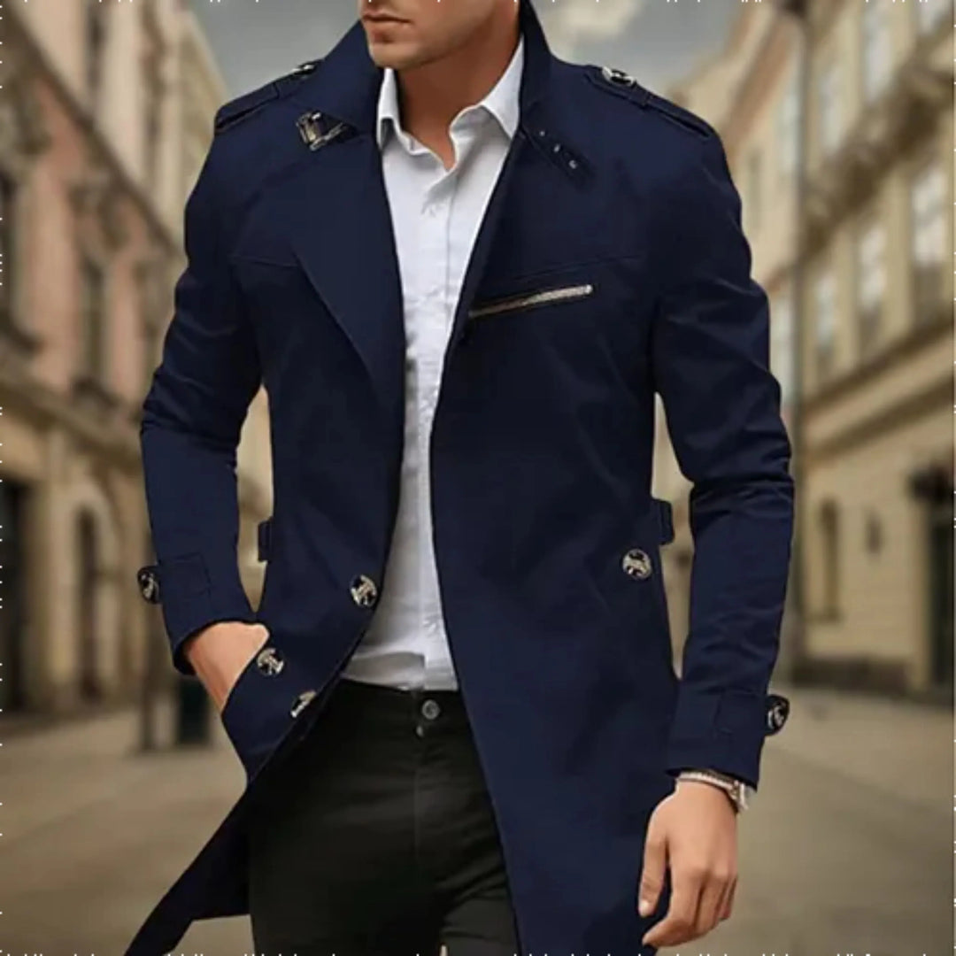"Trench-coat imperméable homme double boutonnage, coupe élégante beige, pour style formel et protection pluie."