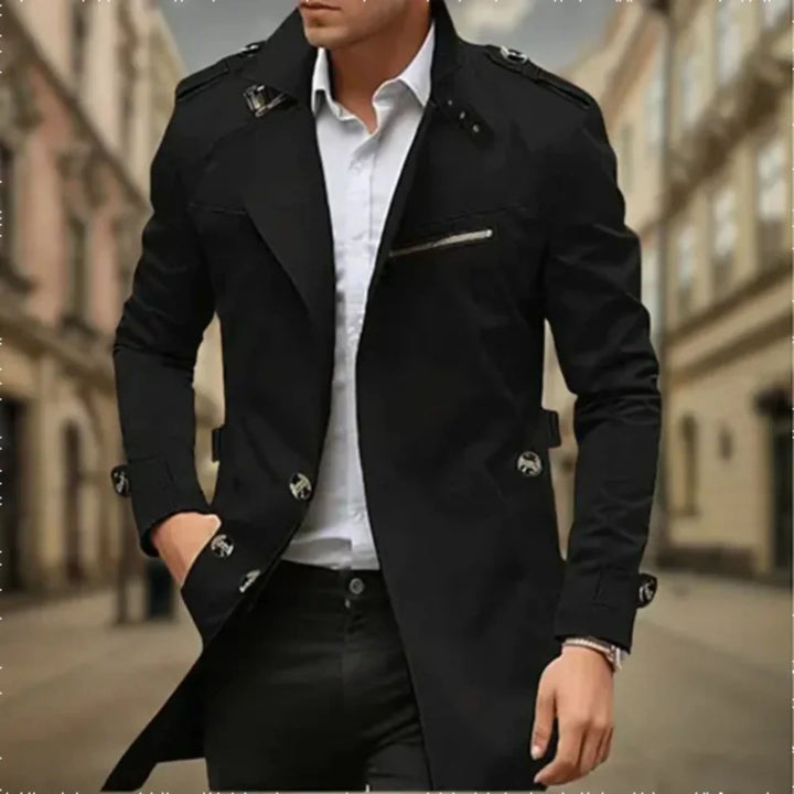 "Trench-coat imperméable homme double boutonnage, coupe élégante beige, pour style formel et protection pluie."