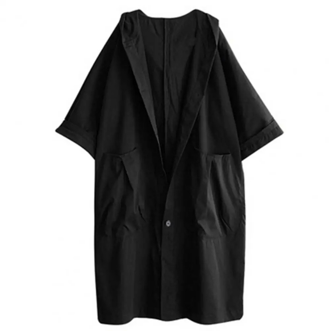 "Trench-coat long femme avec capuche, élégant et ample, pour un style sophistiqué en bleu marine, kaki, noir ou rouge."