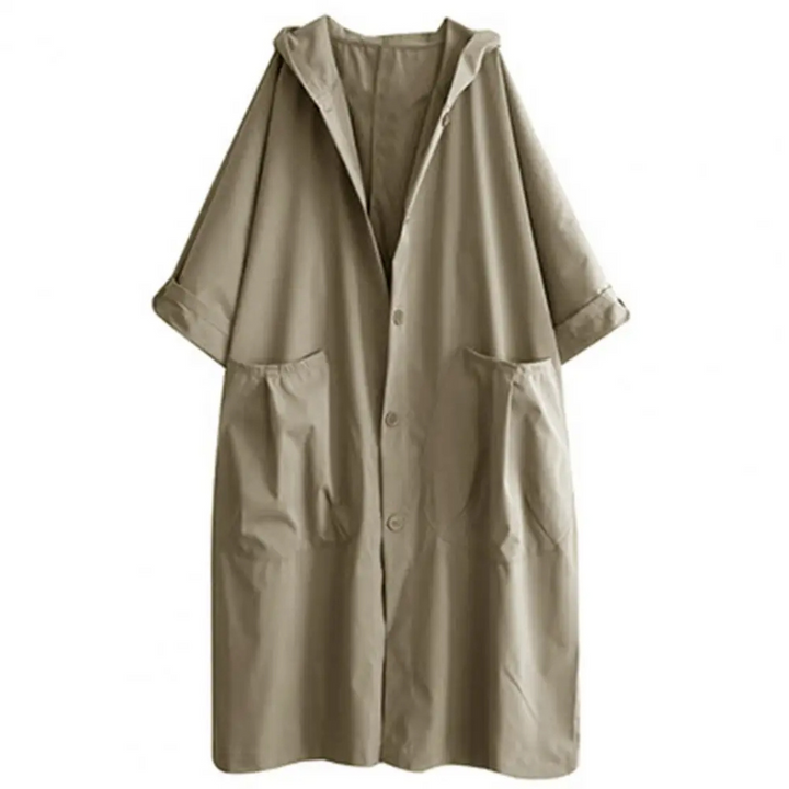 "Trench-coat long femme avec capuche, élégant et ample, pour un style sophistiqué en bleu marine, kaki, noir ou rouge."