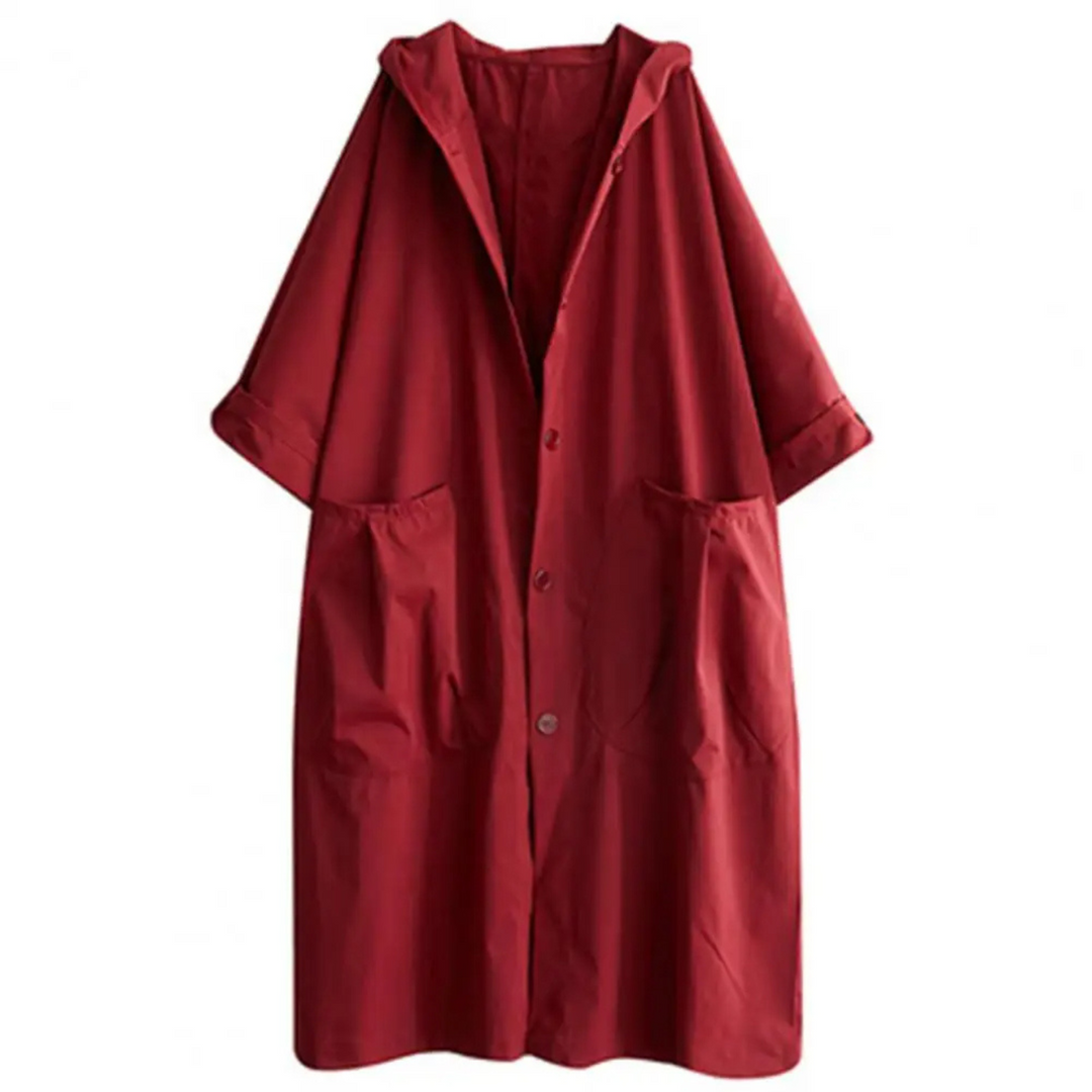 "Trench-coat long femme avec capuche, élégant et ample, pour un style sophistiqué en bleu marine, kaki, noir ou rouge."