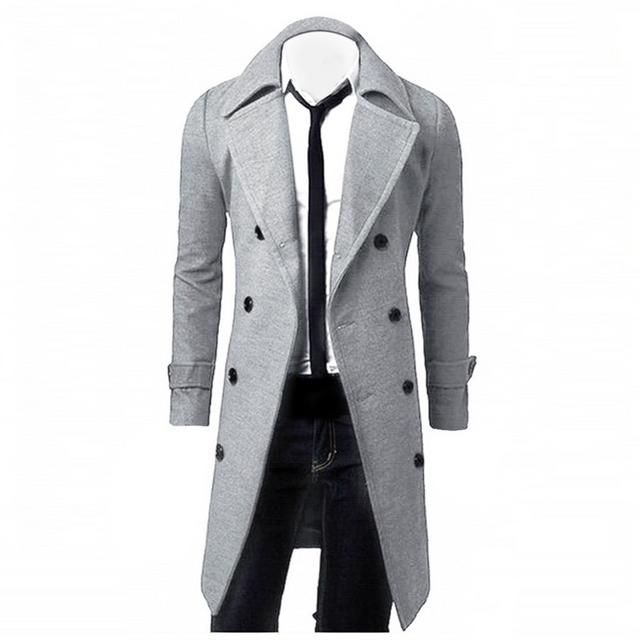 Trench homme gris élégant, coupe ajustée, ceinture, matière légère. Ajoutez style et confort à votre garde-robe.
