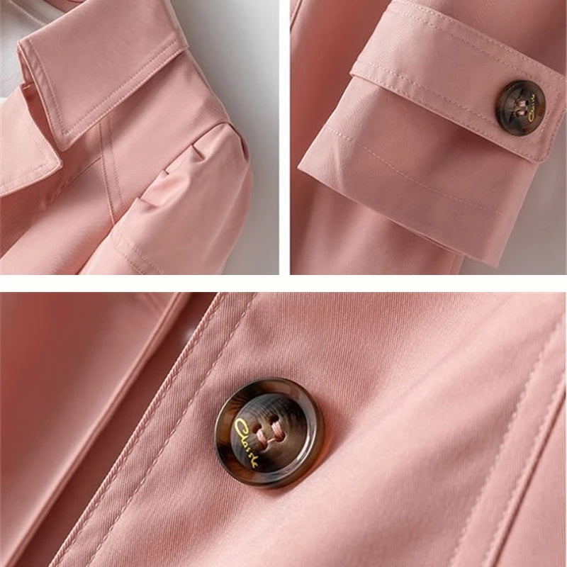 "Trench mi-long élégant pour femme, vue de face, disponible en couleurs classiques noir, blanc, rose, et beige."