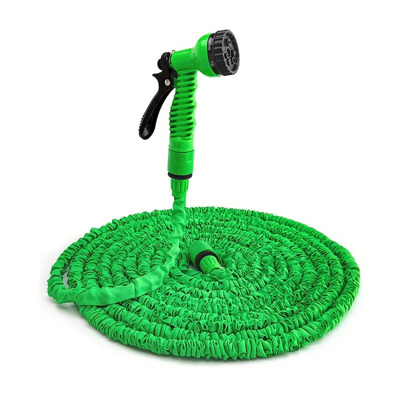 Tuyau d'arrosage extensible vert avec buse 7 fonctions, structure anti-pli, idéal jardinage.