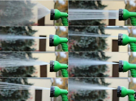 Tuyau d'arrosage extensible vert avec buse 7 fonctions, structure anti-pli, idéal jardinage.
