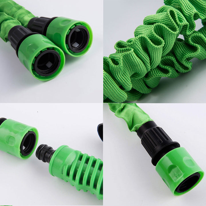Tuyau d'arrosage extensible vert avec buse 7 fonctions, structure anti-pli, idéal jardinage.