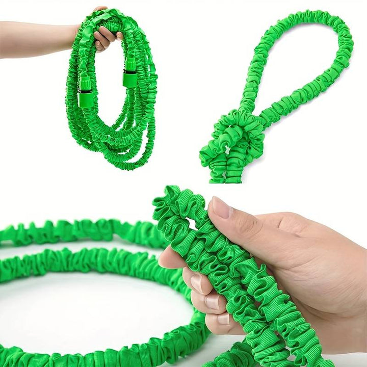 Tuyau d'arrosage extensible vert avec buse 7 fonctions, structure anti-pli, idéal jardinage.