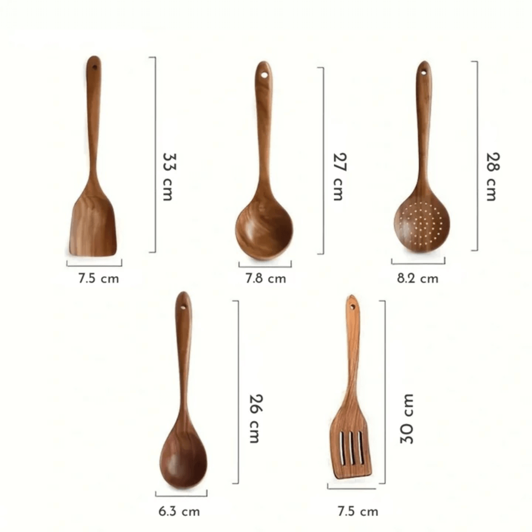 "Ustensiles de cuisine en bois naturel, chic et durable, design épuré et ergonomique, parfaits pour toute cuisine moderne."