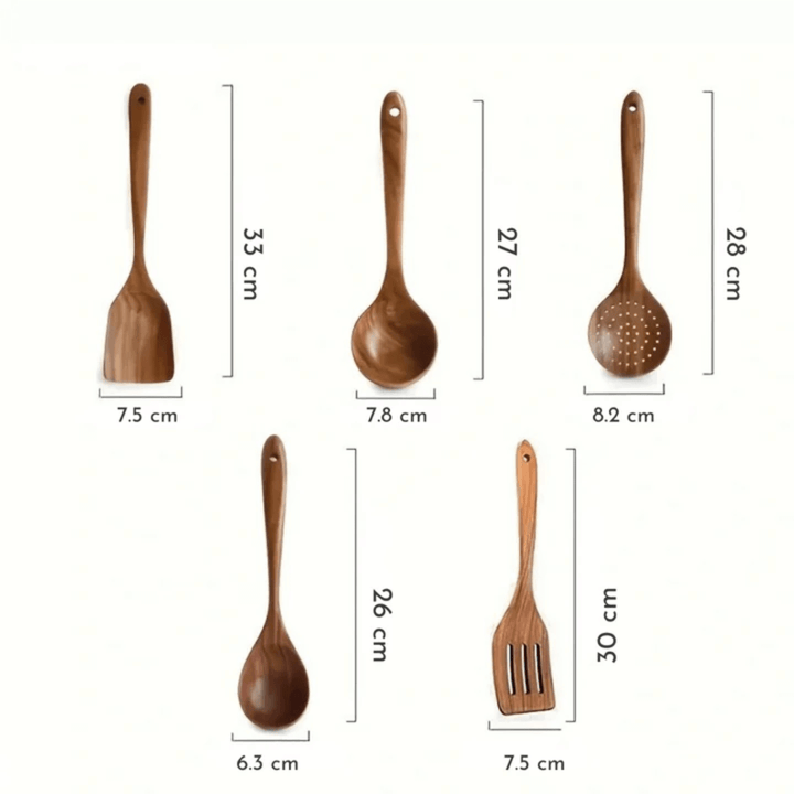 "Ustensiles de cuisine en bois naturel, chic et durable, design épuré et ergonomique, parfaits pour toute cuisine moderne."