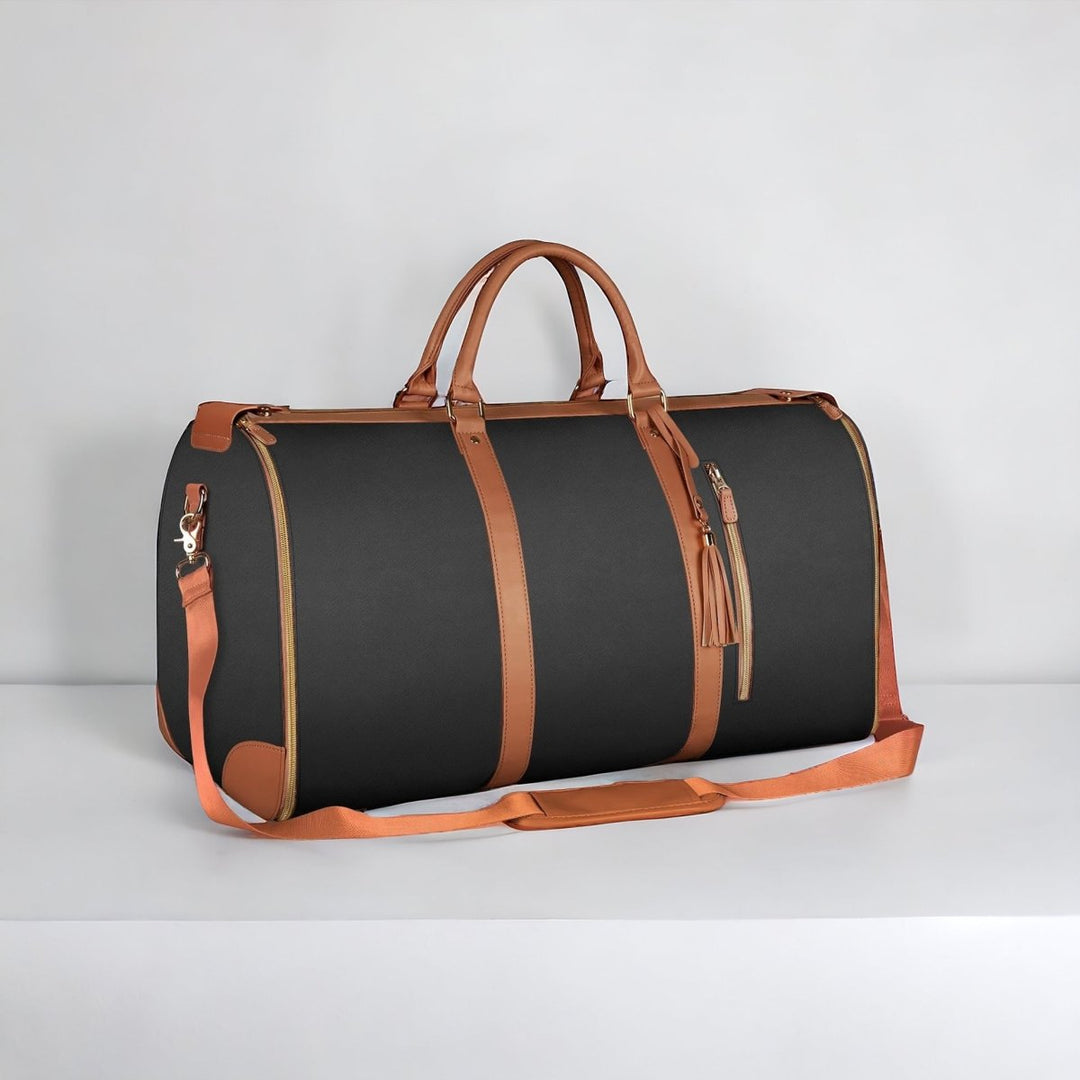 Valise compacte Smart Voyage en cuir PU beige, bandoulière réglable, 30-35L, avec poches latérales et frontale.