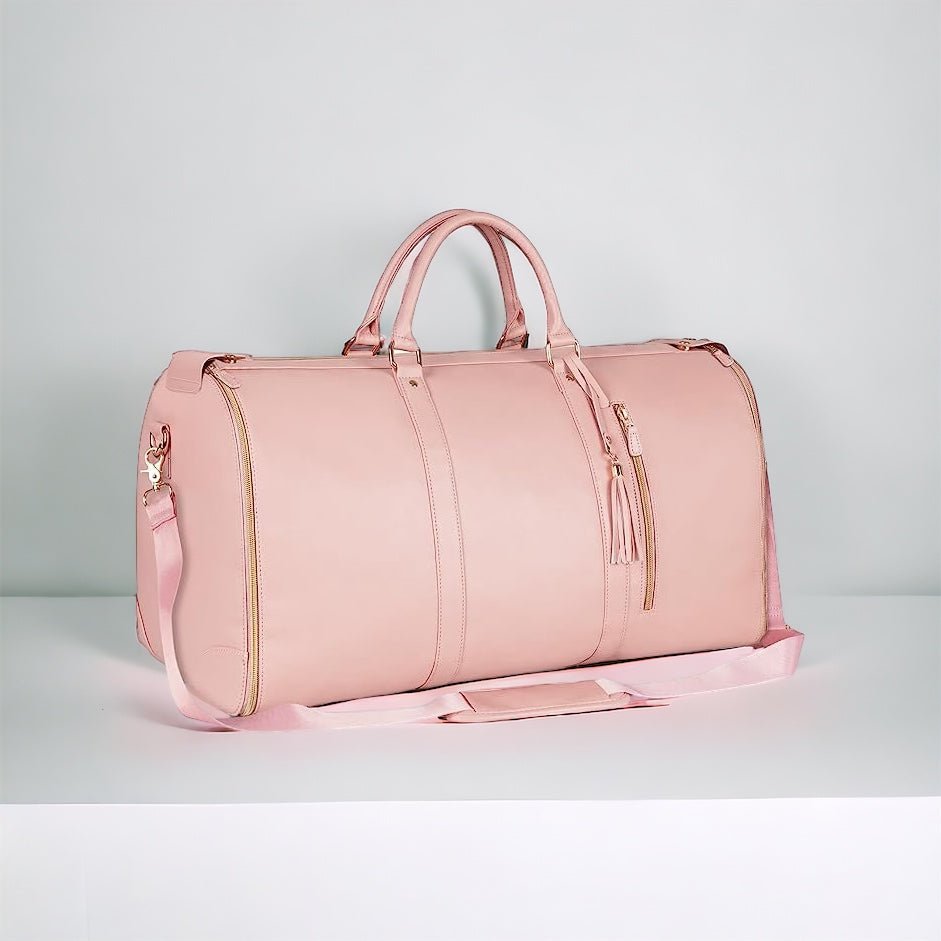Valise compacte Smart Voyage en cuir PU beige, bandoulière réglable, 30-35L, avec poches latérales et frontale.