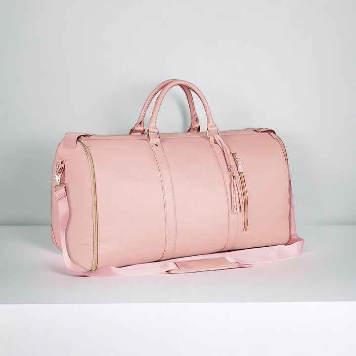 Valise compacte Smart Voyage en cuir PU beige, bandoulière réglable, 30-35L, avec poches latérales et frontale.