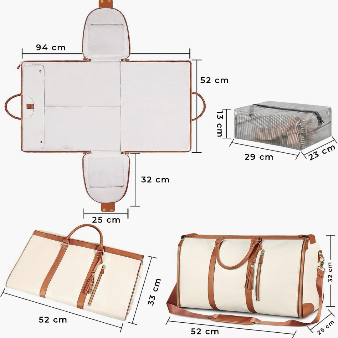 Valise compacte Smart Voyage en cuir PU beige, bandoulière réglable, 30-35L, avec poches latérales et frontale.