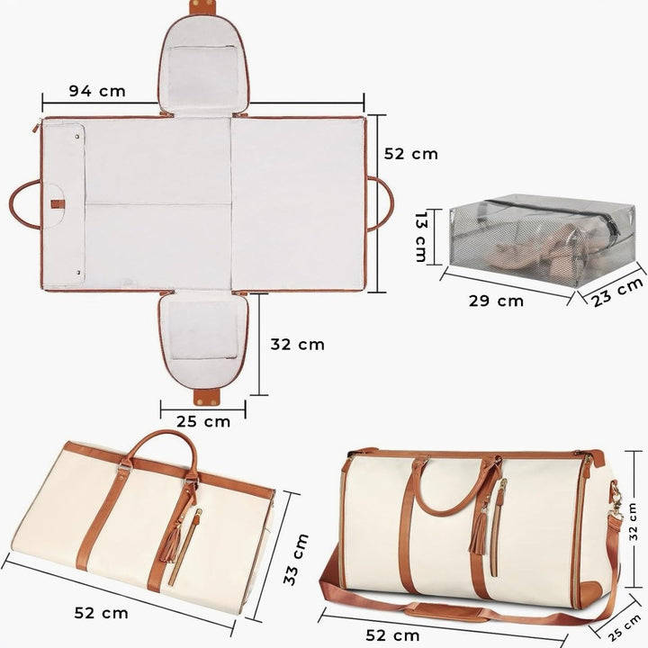 Valise compacte Smart Voyage en cuir PU beige, bandoulière réglable, 30-35L, avec poches latérales et frontale.