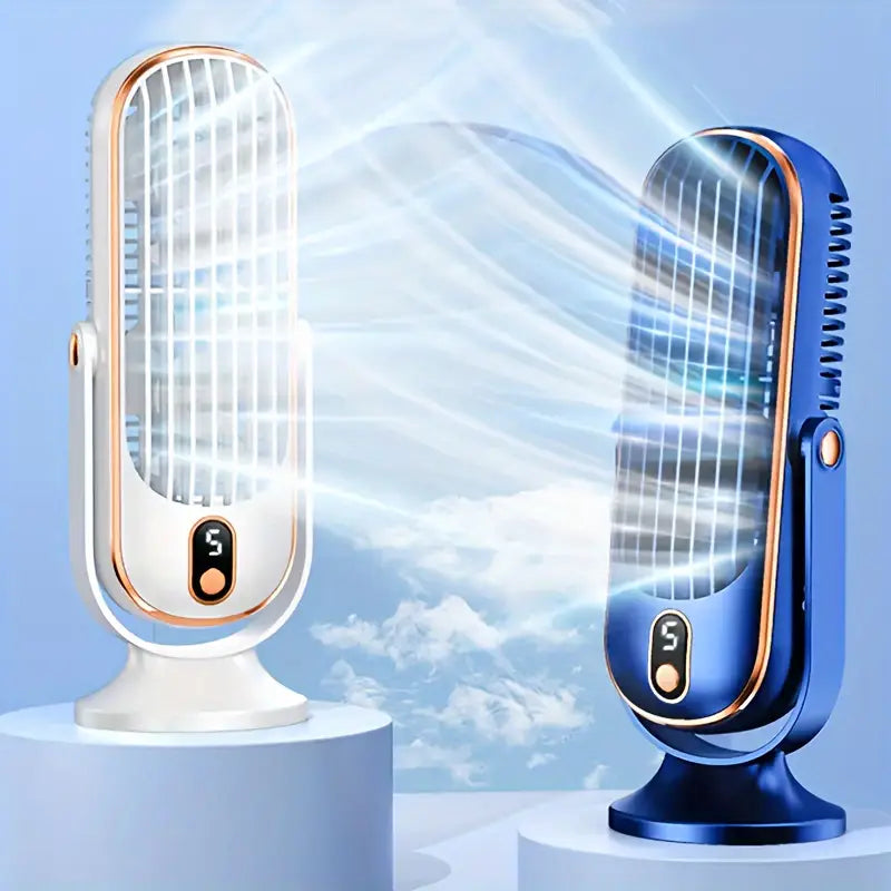 "Ventilateur climatiseur portable compact à double moteur avec recharge USB, design blanc élégant, adapté pour voyage."