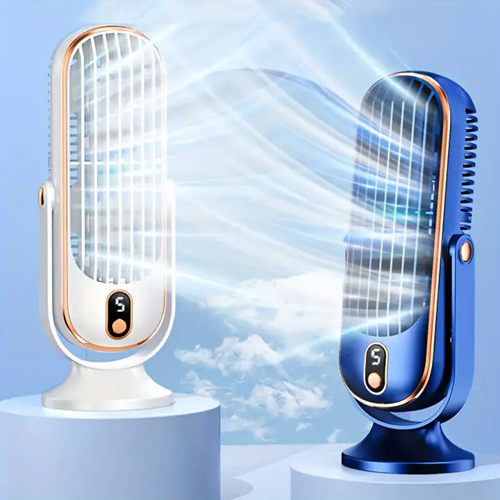 "Ventilateur climatiseur portable compact à double moteur avec recharge USB, design blanc élégant, adapté pour voyage."