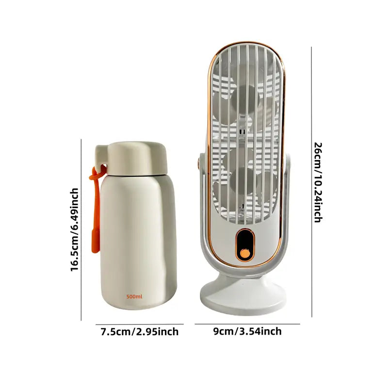 "Ventilateur climatiseur portable compact à double moteur avec recharge USB, design blanc élégant, adapté pour voyage."
