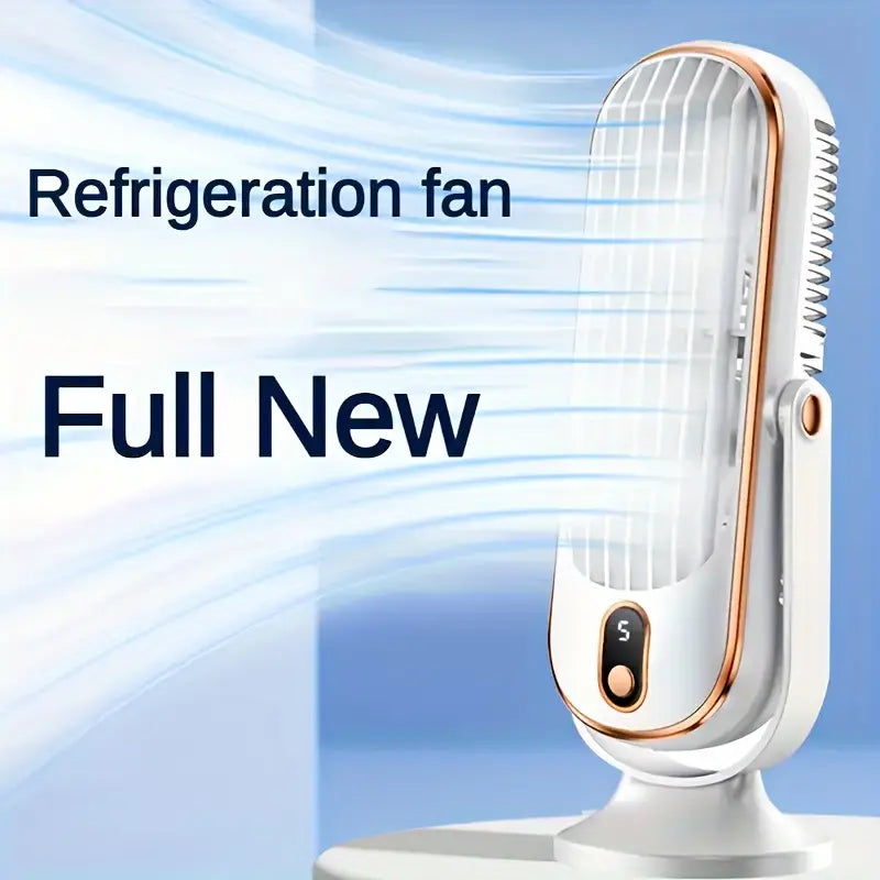 "Ventilateur climatiseur portable compact à double moteur avec recharge USB, design blanc élégant, adapté pour voyage."