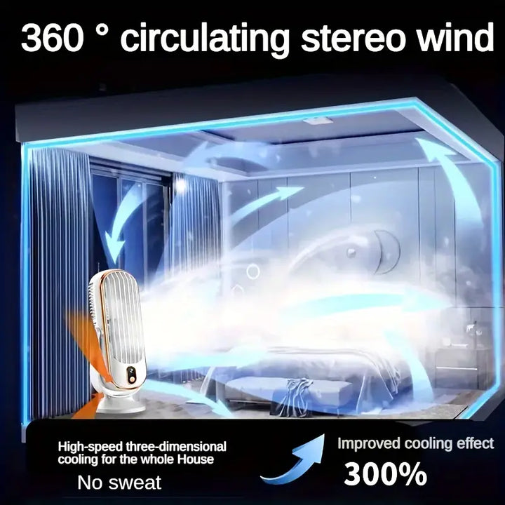 "Ventilateur climatiseur portable compact à double moteur avec recharge USB, design blanc élégant, adapté pour voyage."