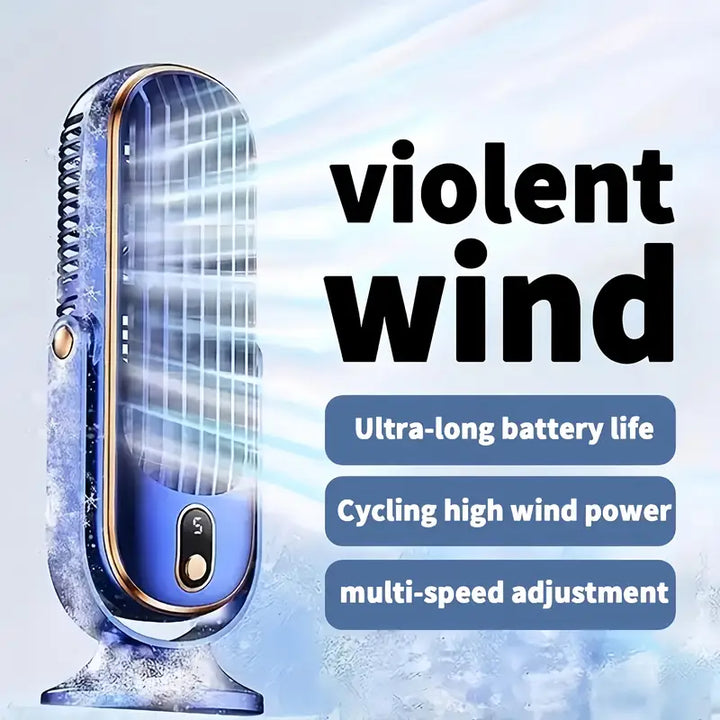 "Ventilateur climatiseur portable compact à double moteur avec recharge USB, design blanc élégant, adapté pour voyage."