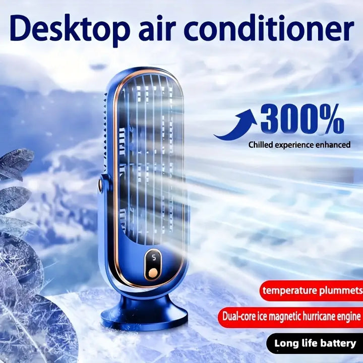 "Ventilateur climatiseur portable compact à double moteur avec recharge USB, design blanc élégant, adapté pour voyage."