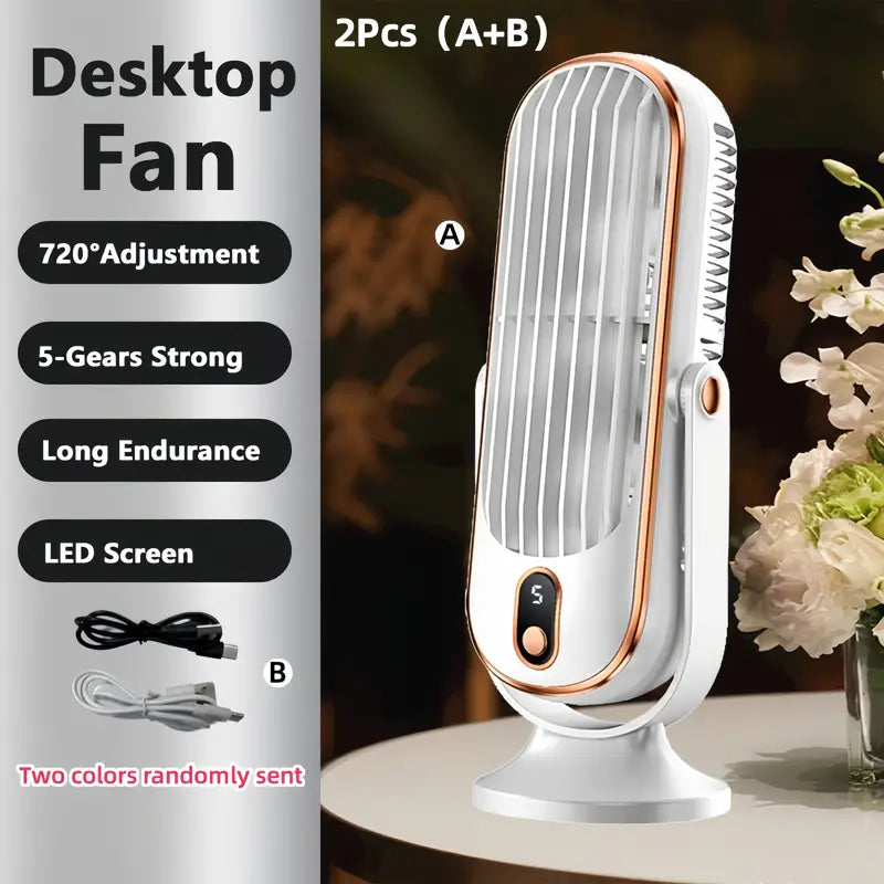 "Ventilateur climatiseur portable compact à double moteur avec recharge USB, design blanc élégant, adapté pour voyage."