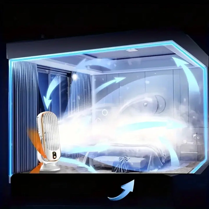 "Ventilateur climatiseur portable compact à double moteur avec recharge USB, design blanc élégant, adapté pour voyage."