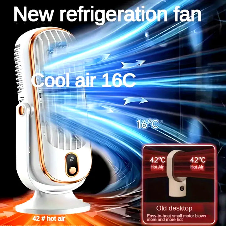 "Ventilateur climatiseur portable compact à double moteur avec recharge USB, design blanc élégant, adapté pour voyage."