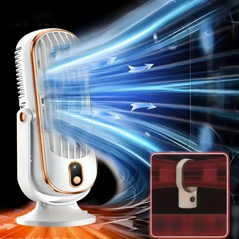 "Ventilateur climatiseur portable compact à double moteur avec recharge USB, design blanc élégant, adapté pour voyage."