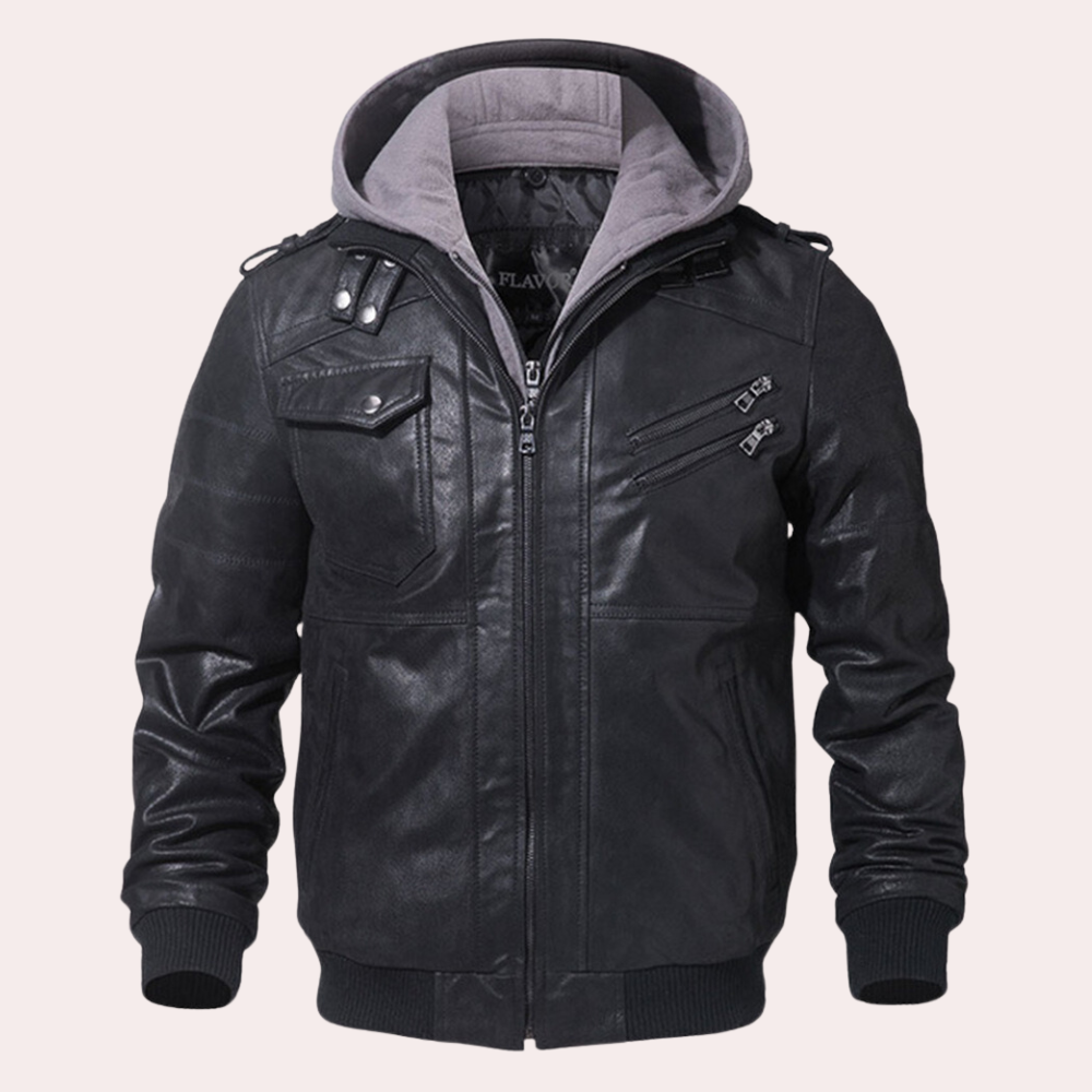 "Veste à capuche en cuir pour homme, marron, finition élégante, moderne et fonctionnelle pour l'automne et hiver."