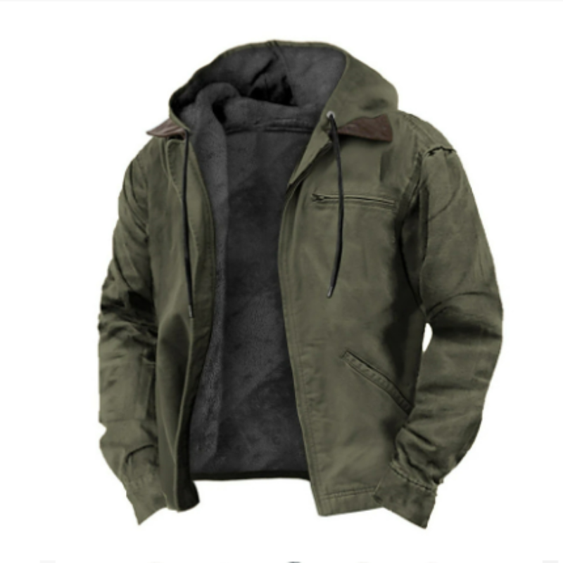 Veste à capuche homme moderne et chaude, doublure intérieure, coupe ajustée, idéale pour style urbain et confort hivernal.