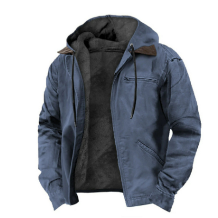 Veste à capuche homme moderne et chaude, doublure intérieure, coupe ajustée, idéale pour style urbain et confort hivernal.